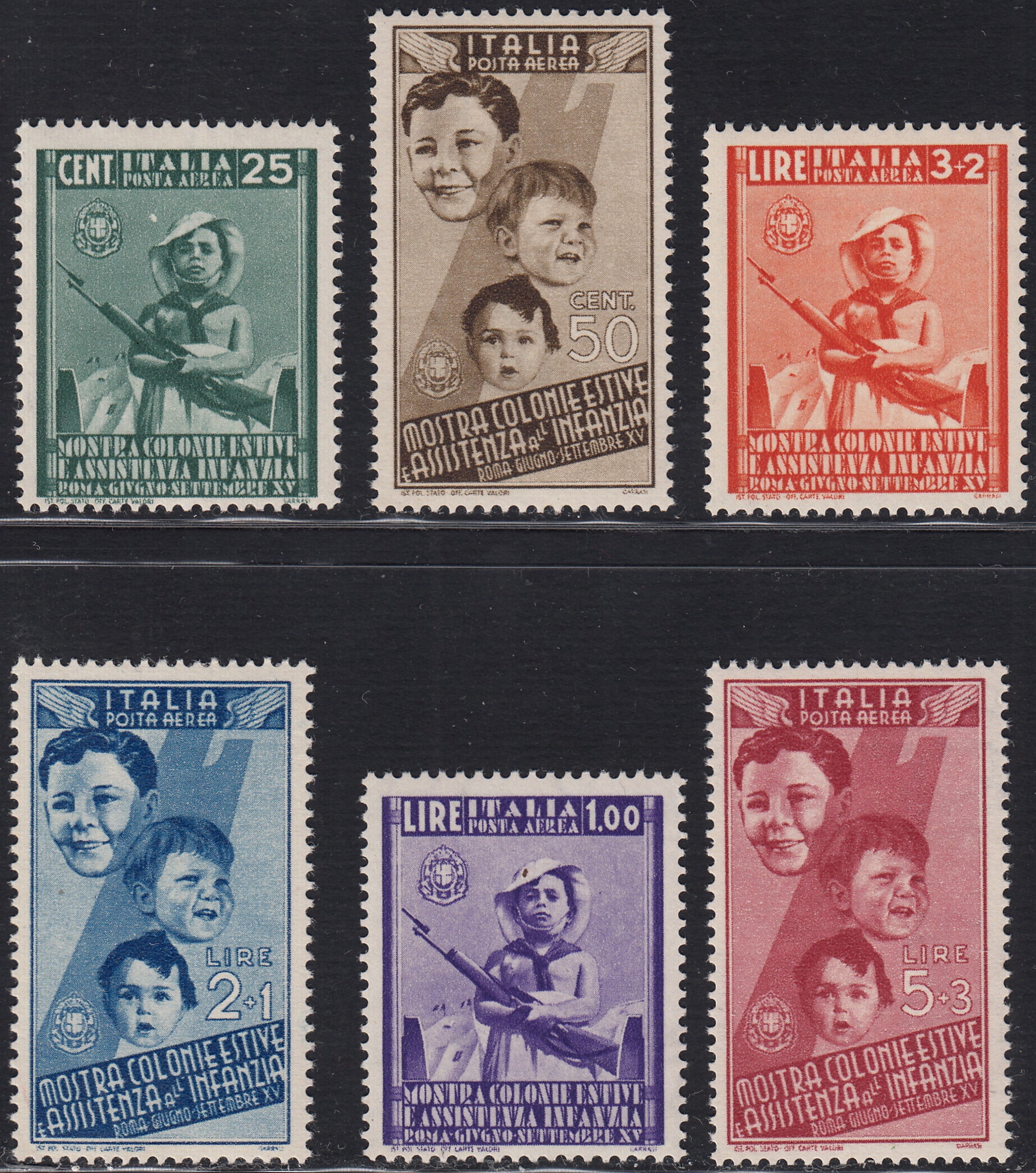 UT791 - 1937 - Mostra delle Colonie Estive e Assistenza all'infanzia, serie completa di Posta Ordinaria + Posta Aerea nuova con gomma originale integra (406/15 + A100/105).