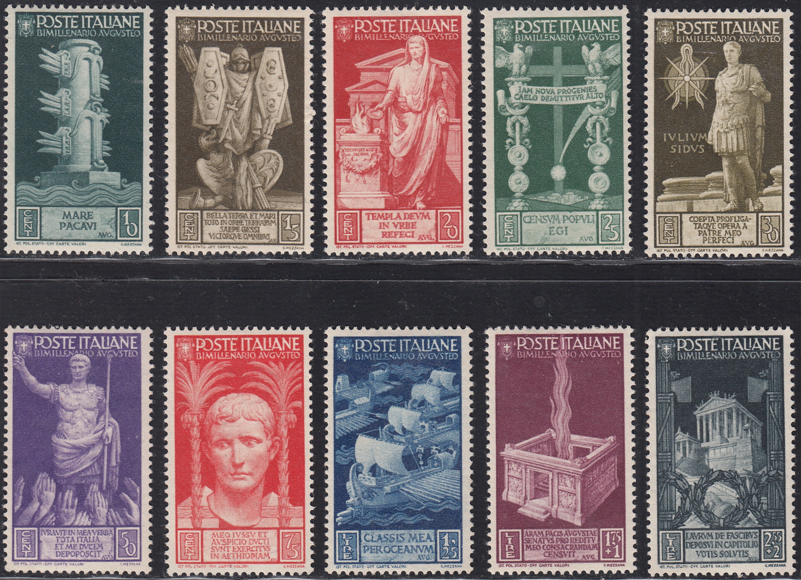 1930 – Virgilio, Ten cuttings of an advertising poster on thick cardboard with a perforated impression printed in black in the outline and diagonally the wording SAGGIO in block capitals.