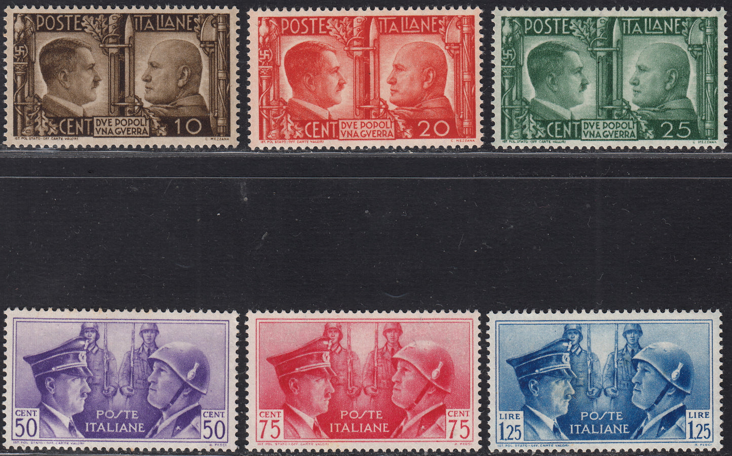 1930 – Virgilio, Ten cuttings of an advertising poster on thick cardboard with a perforated impression printed in black in the outline and diagonally the wording SAGGIO in block capitals.