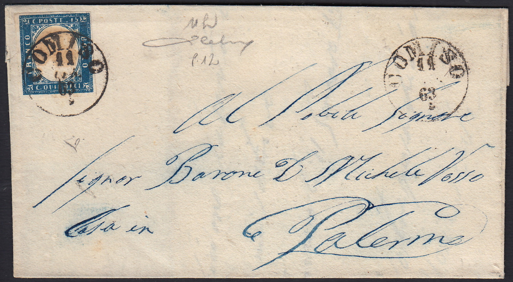 UT79 - 1863 - Lettera spedita da Comiso per Palermo 11/1/63 affrancata con c.15 cobalto verdastro tipo Sardegna (11h, punti 12)