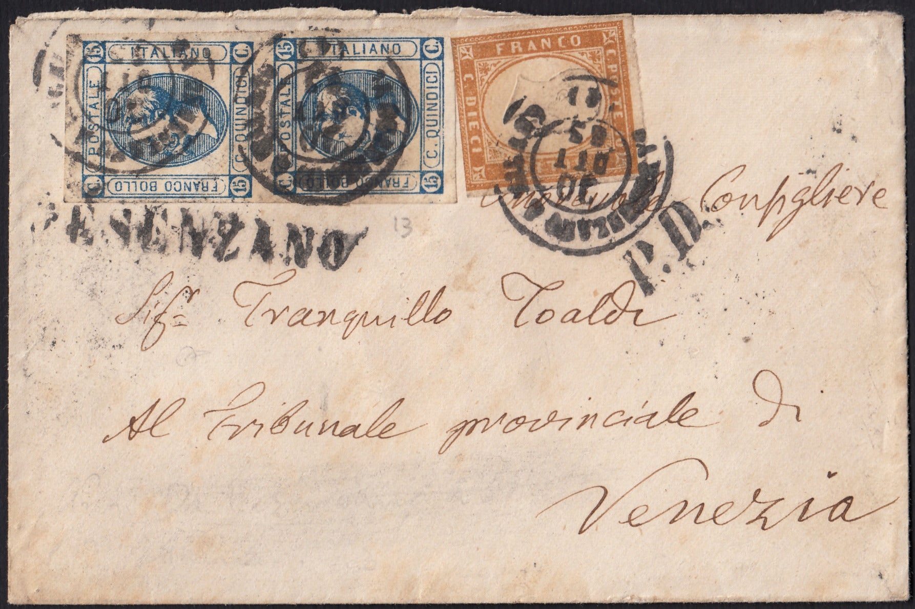 UT815 - 1863 - Lettera spedita con ferrovia, Ambulante Desenzano-Milano 30/10/63 con c. 10 bistro + c. 15 azzurro coppia verticale (14E + 13)