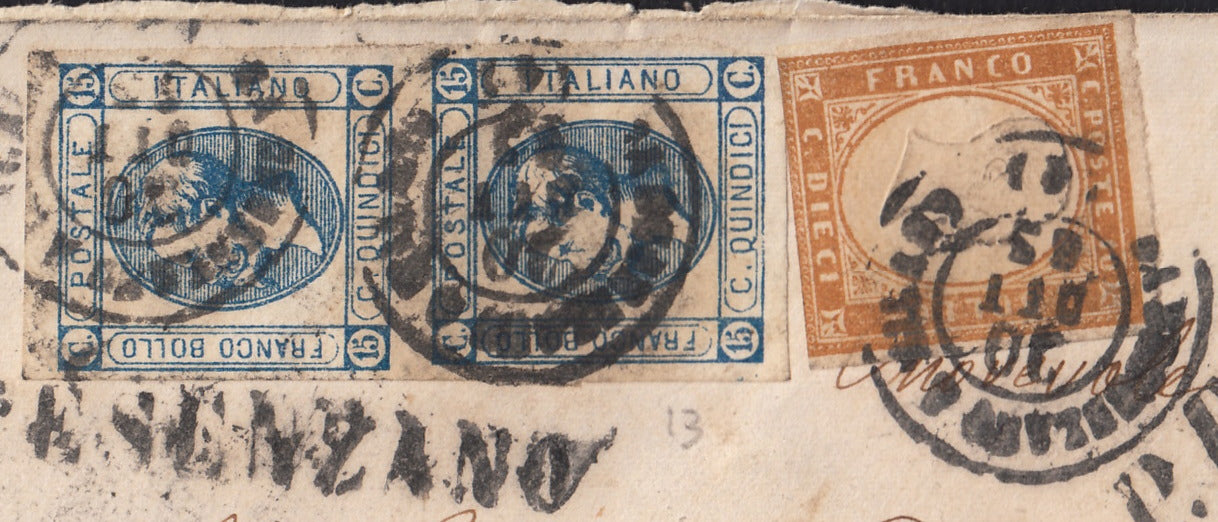UT815 - 1863 - Lettera spedita con ferrovia, Ambulante Desenzano-Milano 30/10/63 con c. 10 bistro + c. 15 azzurro coppia verticale (14E + 13)