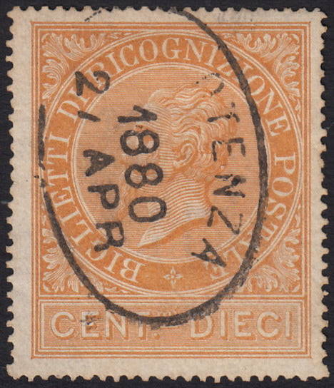 UT819 - 1874 - Francobollo di Ricognizione Postale, c. 10 ocra arancio usato Potenza 27/4/1880 (1)