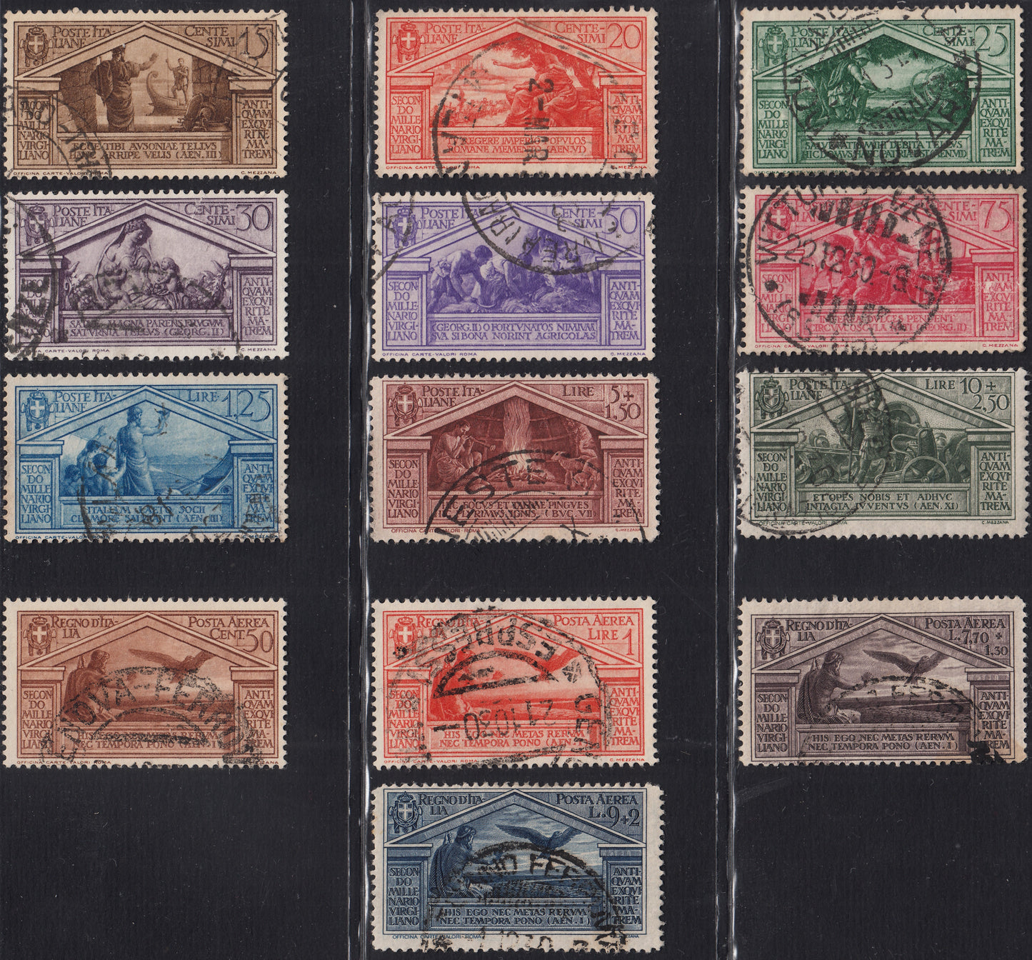 1930 – Virgilio, Ten cuttings of an advertising poster on thick cardboard with a perforated impression printed in black in the outline and diagonally the wording SAGGIO in block capitals.