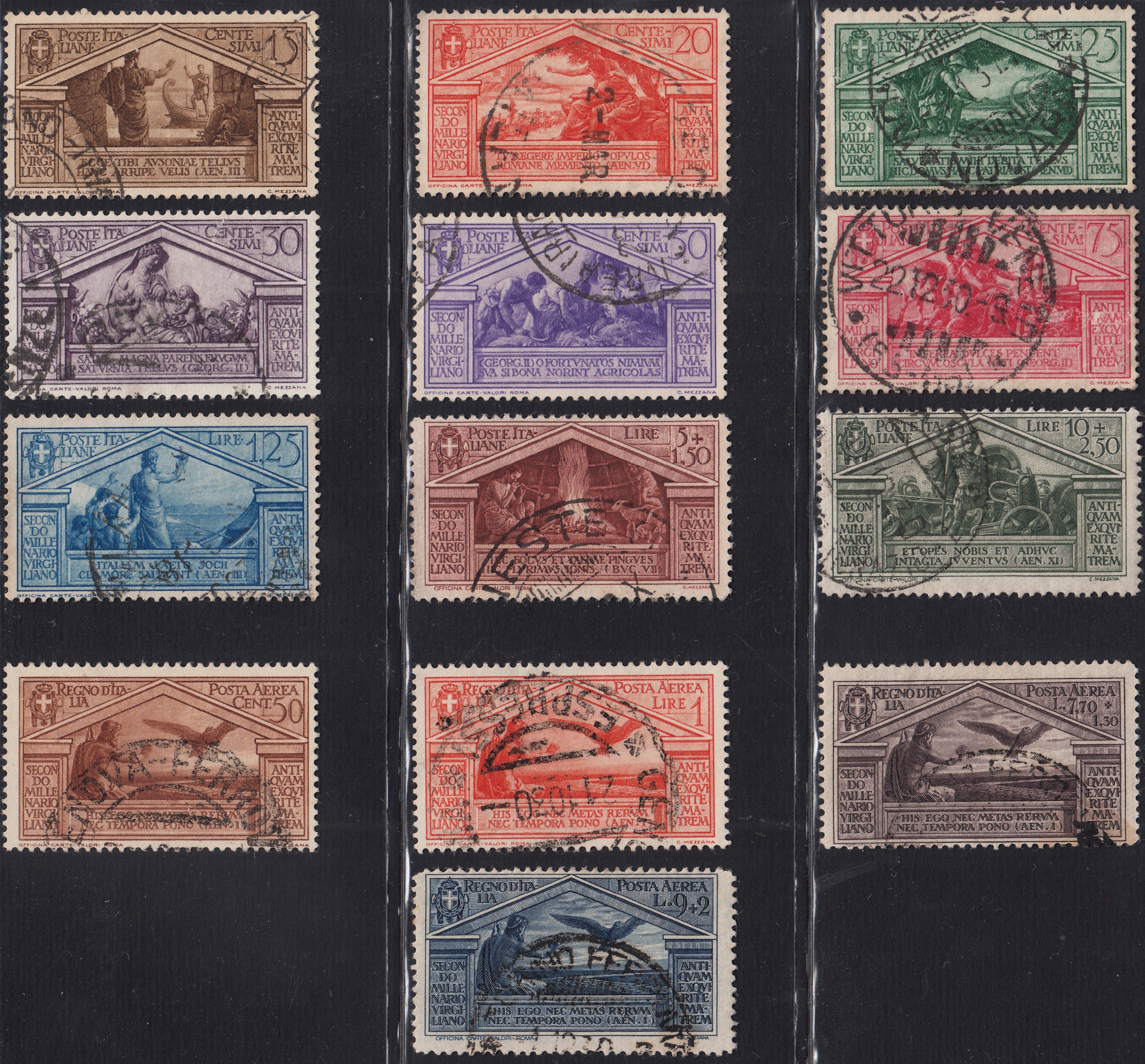 1930 – Virgilio, Ten cuttings of an advertising poster on thick cardboard with a perforated impression printed in black in the outline and diagonally the wording SAGGIO in block capitals.