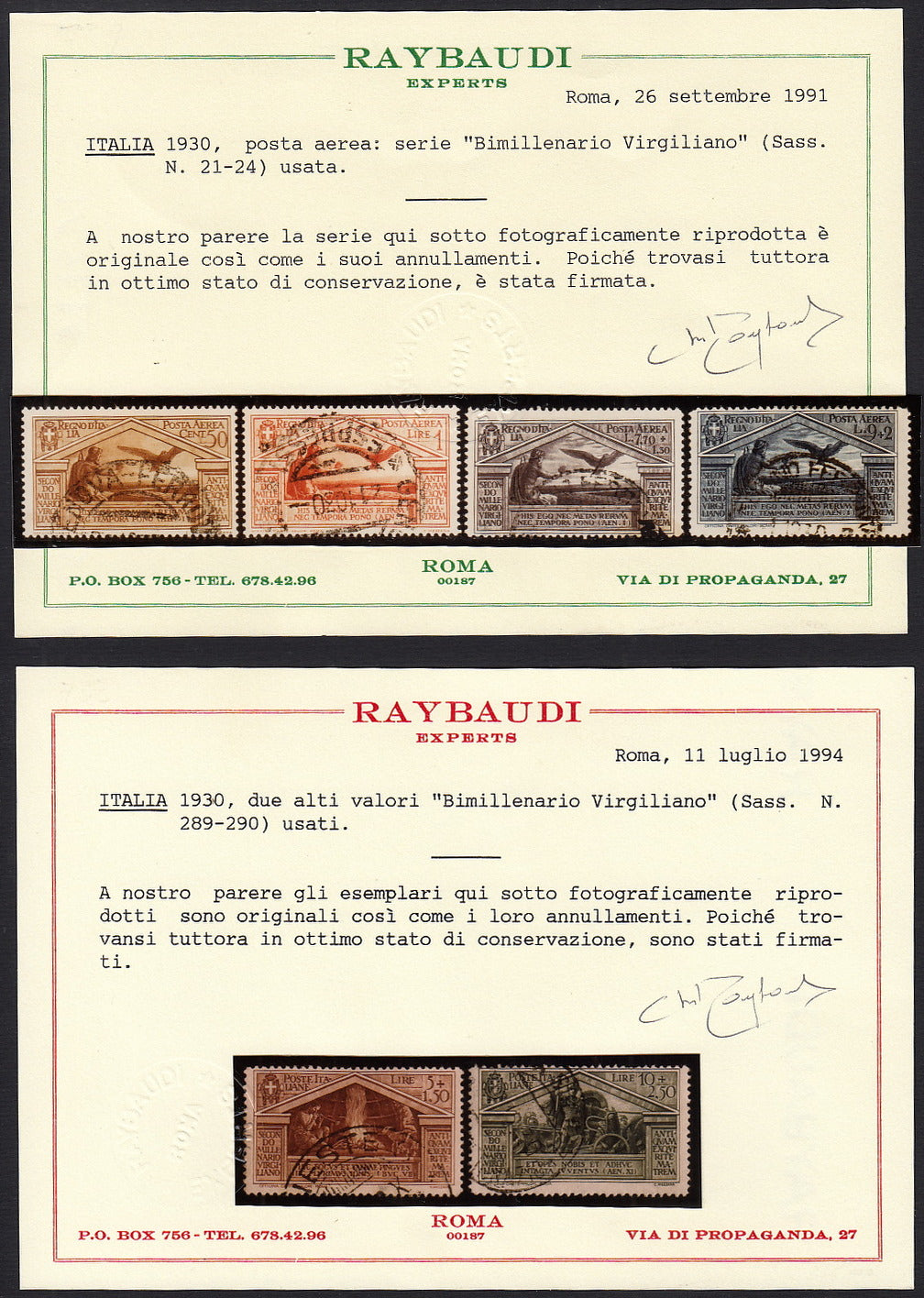 1930 – Virgilio, Ten cuttings of an advertising poster on thick cardboard with a perforated impression printed in black in the outline and diagonally the wording SAGGIO in block capitals.