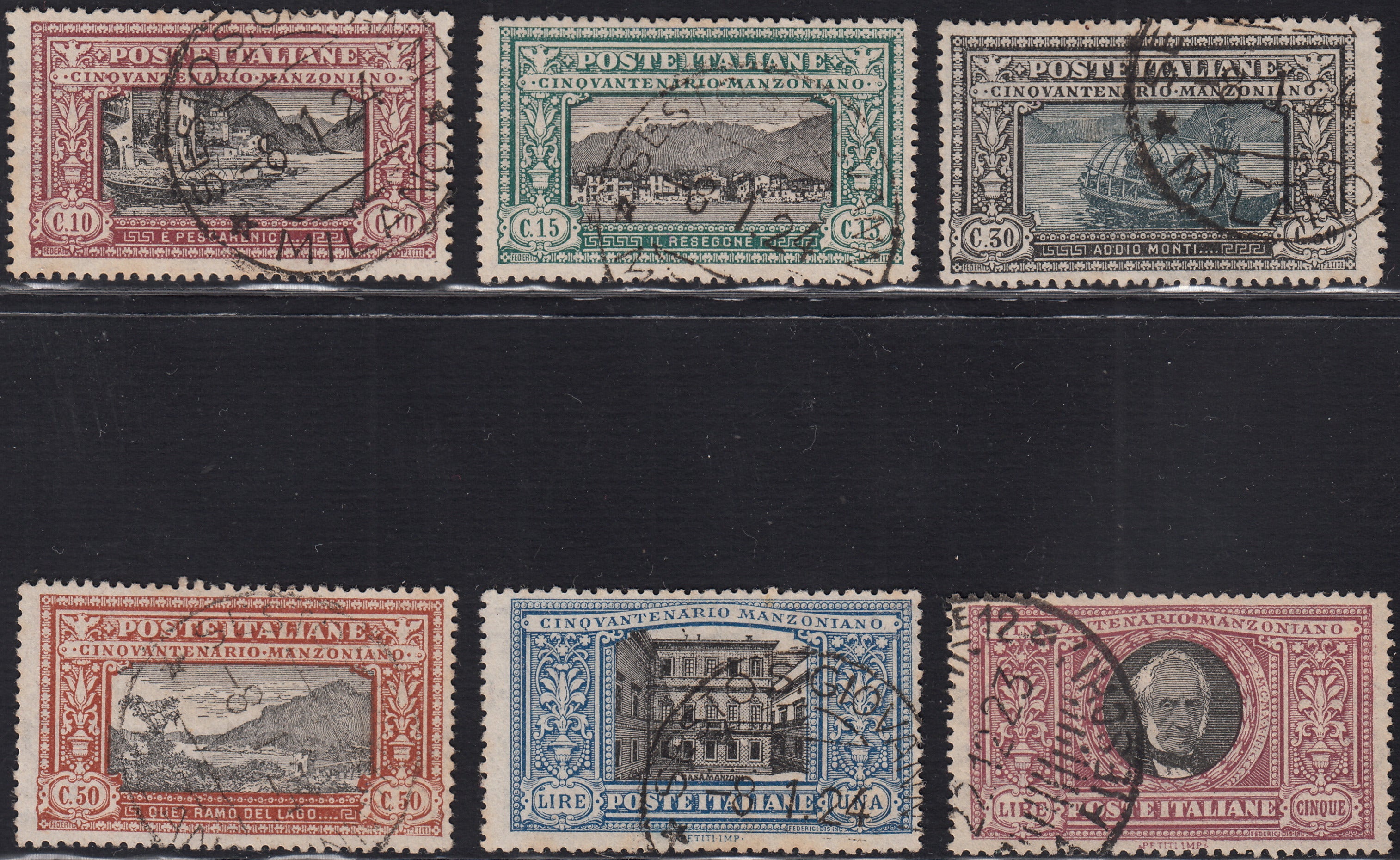 1930 – Virgilio, Ten cuttings of an advertising poster on thick cardboard with a perforated impression printed in black in the outline and diagonally the wording SAGGIO in block capitals.