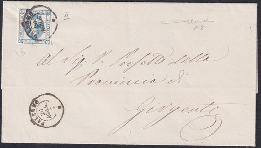 UT835 - 1863 - Lettera spedita da PALERMO per Girgenti 20/8/63 con c.15 azzurro II tipo; annullo d.c. II tipo con numeri arabi (13, p.ti 8)
