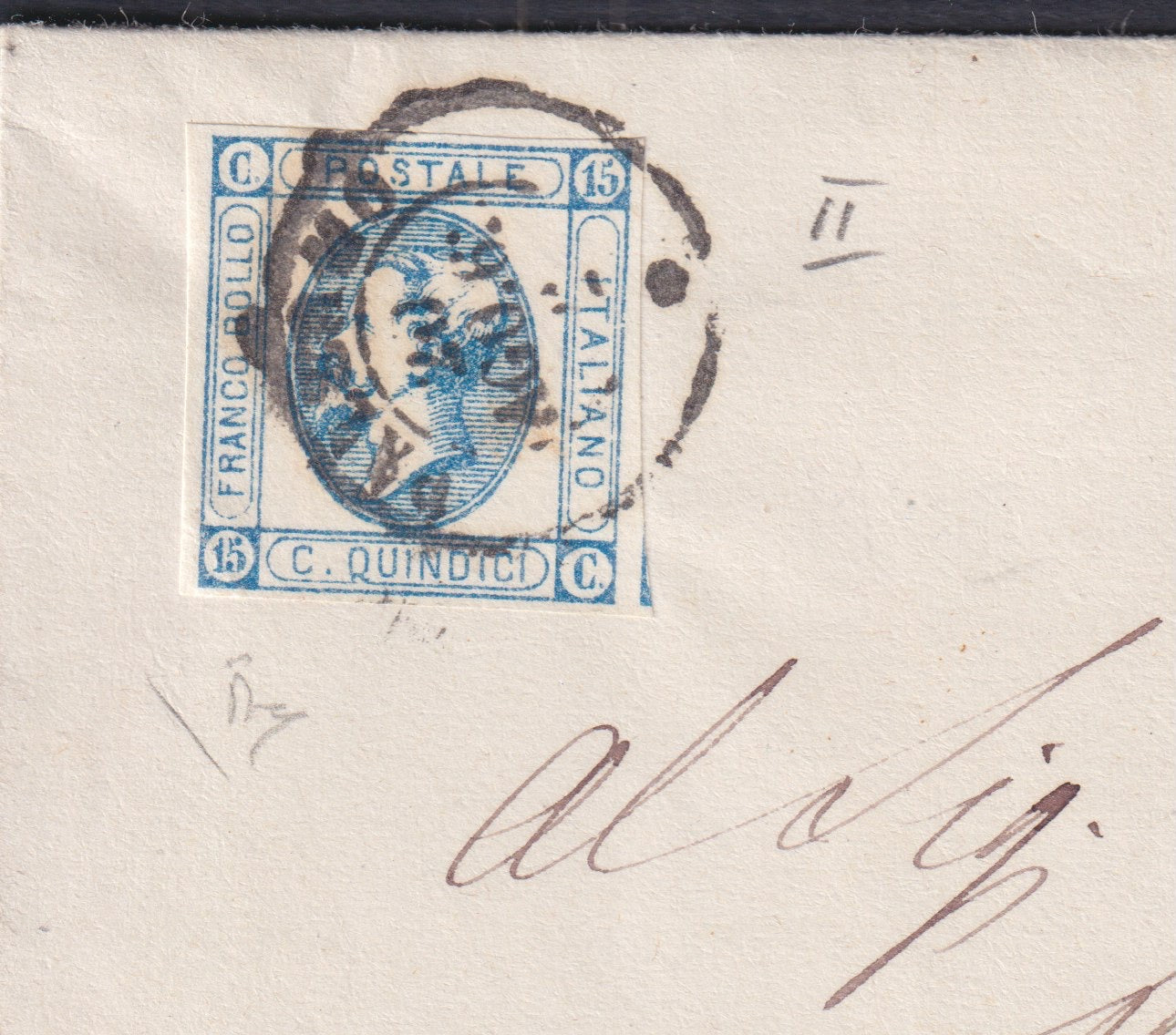 UT835 - 1863 - Lettera spedita da PALERMO per Girgenti 20/8/63 con c.15 azzurro II tipo; annullo d.c. II tipo con numeri arabi (13, p.ti 8)