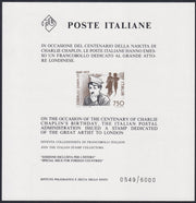 UT836 - 1989 - Foglietto Pubblicitario Chaplin numero 0549, mm. 145 x 150 non dentellato, nero e bruno. (FP2)