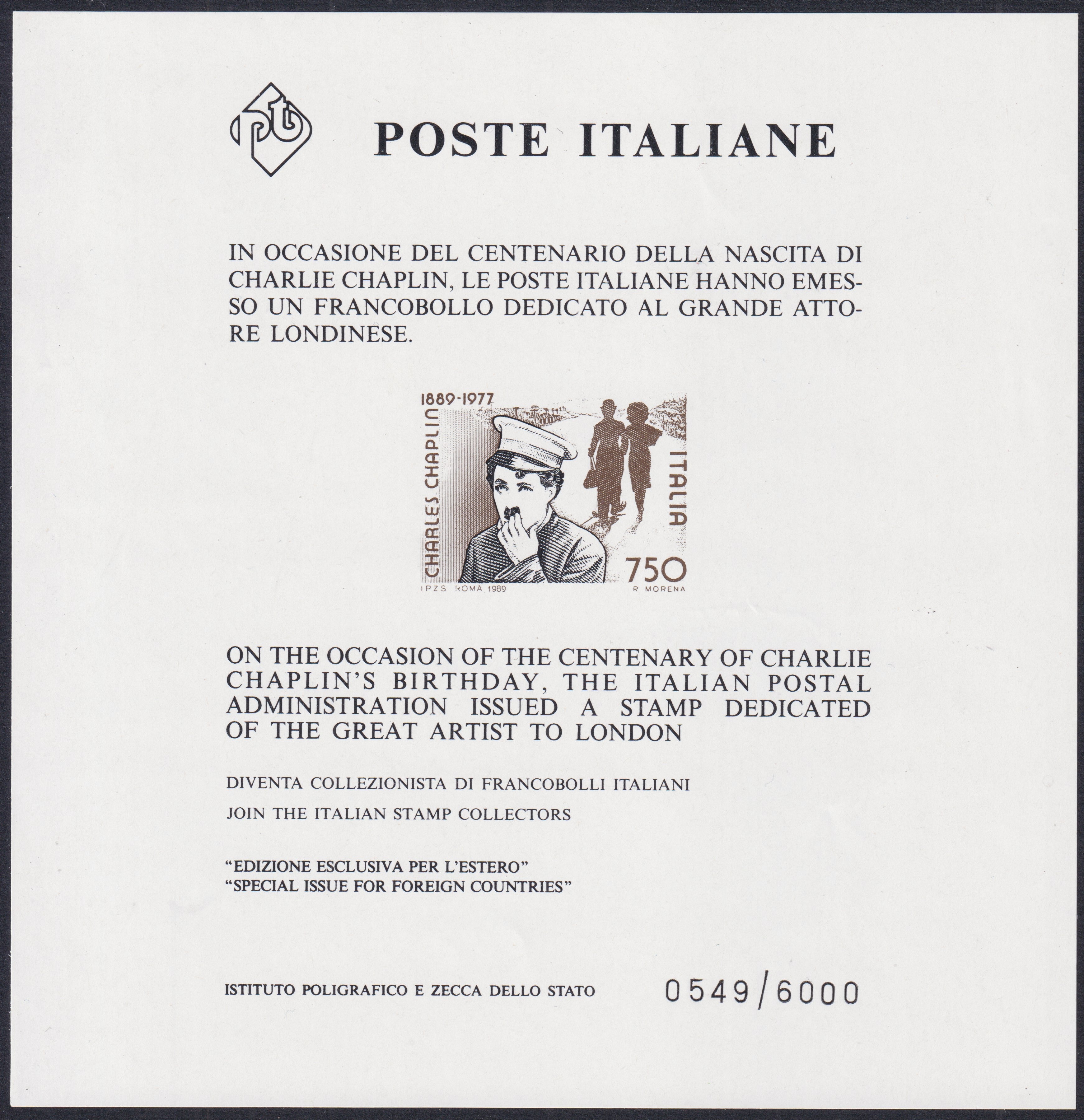 UT836 - 1989 - Foglietto Pubblicitario Chaplin numero 0549, mm. 145 x 150 non dentellato, nero e bruno. (FP2)