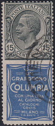 UT844 - Regno d'Italia, emissione con appendici pubblicitarie, c. 15 grigio e oltremare "Columbia" usato (2)
