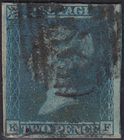 UT955 - 1841 - Due Pence azzurro, esemplare con linea bianca, lettere K - F usato (SG 3)