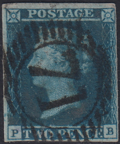 UT956 - 1841 - Due Pence azzurro, esemplare con linea bianca, lettere P - B usato (SG 3)