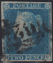 UT957 - 1841 - Due Pence azzurro, esemplare con linea bianca, lettere H - C usato (SG 3)