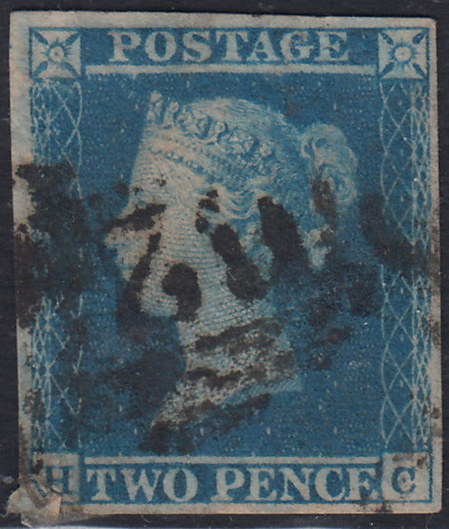 UT957 - 1841 - Due Pence azzurro, esemplare con linea bianca, lettere H - C usato (SG 3)