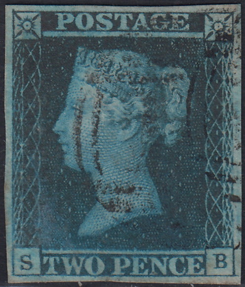 UT958 - 1841 - Due Pence azzurro, esemplare con linea bianca, carta azzurra, lettere S - B usato (SG 3)