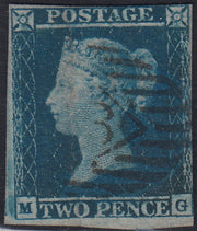 UT959 - 1841 - Due Pence azzurro, esemplare con linea bianca, carta azzurra, lettere M - G usato (SG 3)