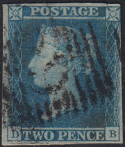 UT960 - 1841 - Due Pence azzurro, esemplare con linea bianca, lettere D - B usato (SG 3)