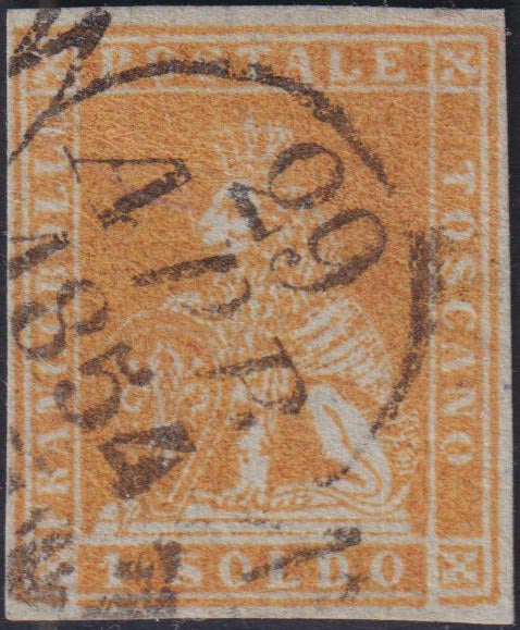 UT961 - 1851 - Leone di Marzocco, 1 soldo bistro arancio su carta grigia e filigrana corona usato (2d)