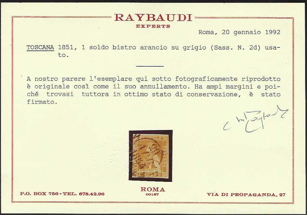 UT961 - 1851 - Leone di Marzocco, 1 soldo bistro arancio su carta grigia e filigrana corona usato (2d)