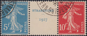 Francia - 1927 - Seminatrice, esemplare da 5f. azzurro + 10f. rosso con appendice "STRASBOURG 1927" trittico emesso per il congresso di Starsburgo, usato (241, 242)