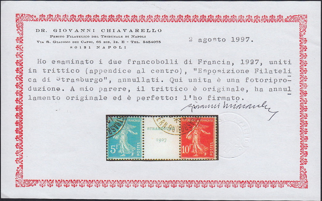 Francia - 1927 - Seminatrice, esemplare da 5f. azzurro + 10f. rosso con appendice "STRASBOURG 1927" trittico emesso per il congresso di Starsburgo, usato (241, 242)