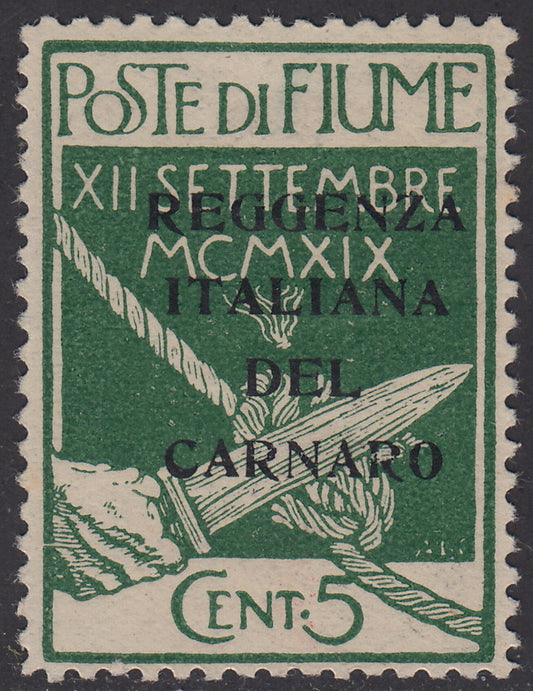 V137 - 1920 - Legionari di Fiume con soprastampa REGGENZA ITALIANA DEL CARNARO di prova, c. 5 verde nuovo con gomma originale (P133)