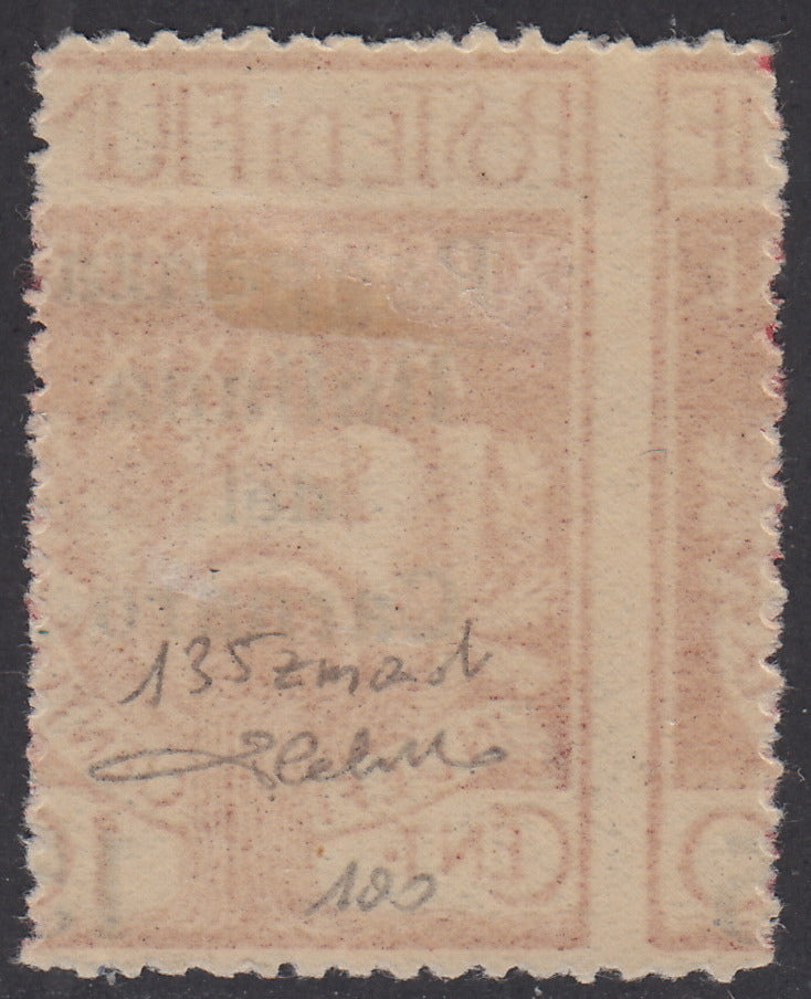 V138 - 1920 - Legionaries of Fiume, c. 15 on c. 10 overprinted carmine Italian Regency of Carnaro, example with left perforation strongly shifted to the left, new with rubber (135zmad)