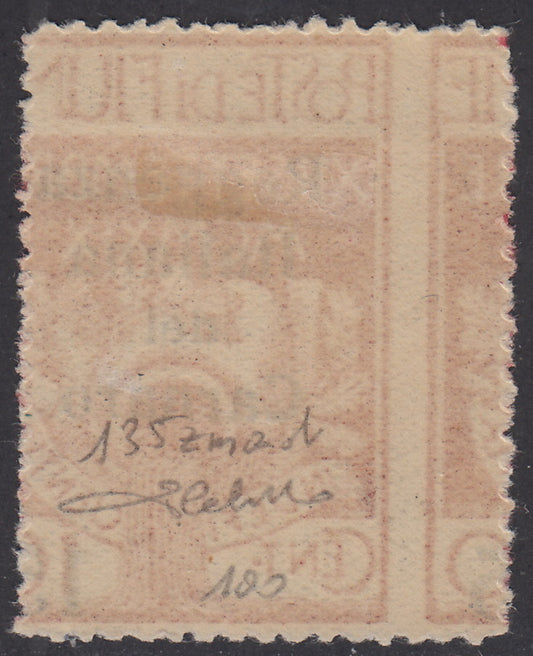 V138 - 1920 - Legionaries of Fiume, c. 15 on c. 10 overprinted carmine Italian Regency of Carnaro, example with left perforation strongly shifted to the left, new with rubber (135zmad)