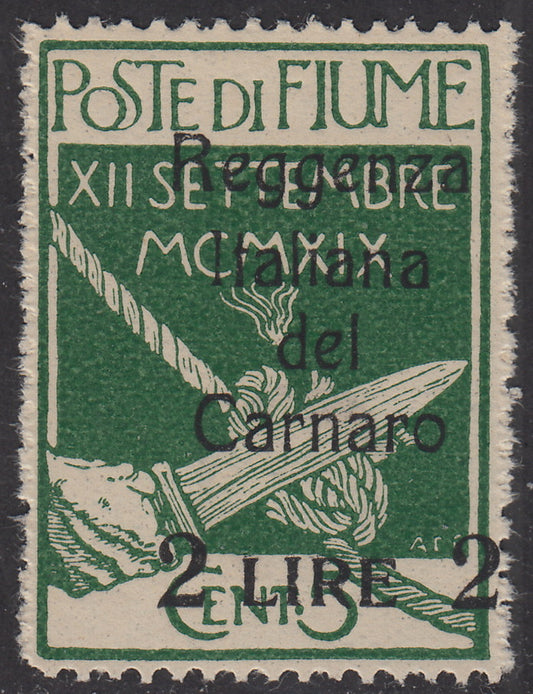 V140 - 1920 - Legionaries of Fiume, L. 2 on c. 5 green overprinted Reggenza Italiana del Carnaro, example with the figure "2" on the left close to the word "LIRE", new with intact rubber (140zob)