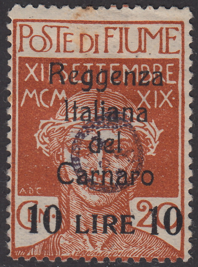 V144 - 1920 - Legionaries of Fiume, L. 10 on c. 20 ocher overprinted Italian Regency of Carnaro, copy with regency emblem on both front and reverse, new with gum (146u)