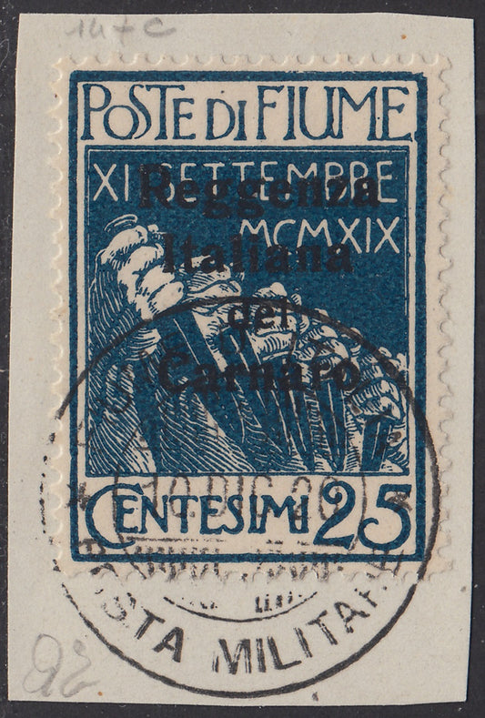 V146 - 1920 - Legionaries of Fiume with overprint Italian Regency of Carnaro, complementary values ​​c. 25 indigo with variety "without Regency emblem on the reverse" used (147c)