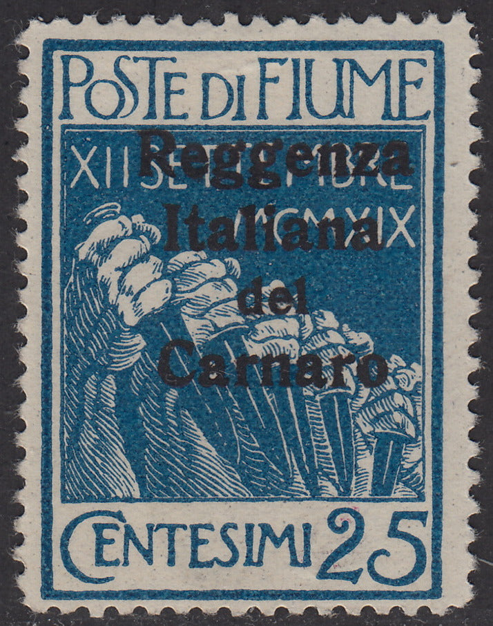 V147 - 1920 - Legionaries of Fiume with overprint Italian Regency of Carnaro, complementary values ​​c. 25 new light blue with original tire (147a)