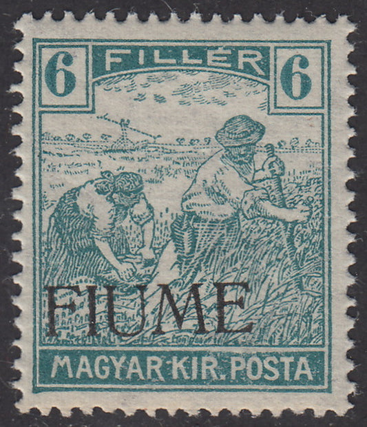 V149 - 1918 - Hungarian stamp from the Reapers series, 6 blue-green fillers with FIUME machine overprint heavily shifted at the bottom, undamaged (6fab)