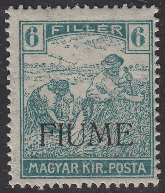 V150 - 1918 - Hungarian stamp from the Reapers series, 6 blue-green fillers with FIUME machine overprint heavily shifted at the bottom, undamaged (6fab)