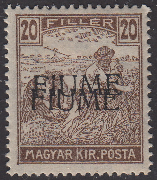 V156 - 1918 - Francobollo d'Ungheria della serie Mietitori, 20 filler bruno con dopppia soprastampa a macchina FIUME, nuovo con gomma (10h)