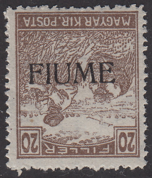 V157 - 1918 - Stamp of Hungary from the Reapers series, 20 brown filler with reversed FIUME machine overprint, mint with gum (10ac)