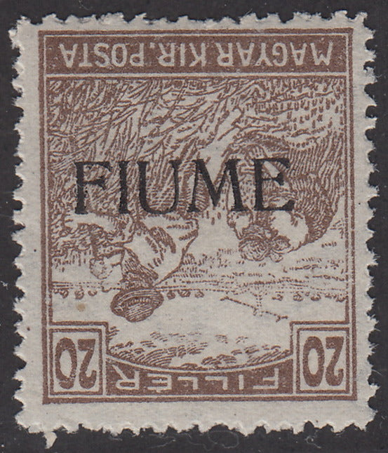 V157 - 1918 - Sello de Hungría de la serie Reapers, 20 relleno marrón con sobreimpresión a máquina FIUME invertida, nuevo con goma (10ac)