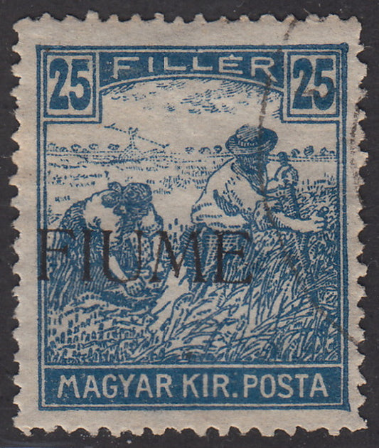 V159 - 1918 - Stamp of Hungary from the Reapers series, 25 light blue filler with FIUME machine overprint strongly shifted to the left, used (11fd)