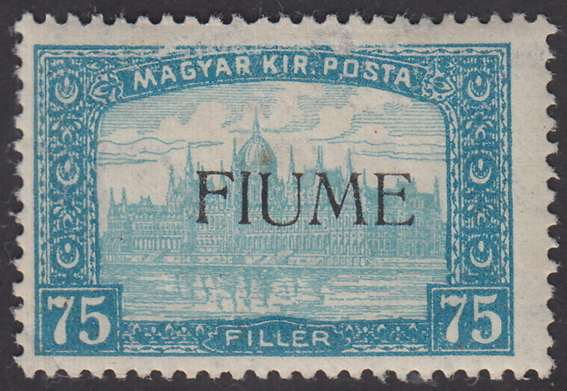 V162 - 1918 - Parlamento d'Ungheria, 75 filler celeste e celeste chiaro con decalco della soprastampa FIUME nuovo con gomma integra (15h)