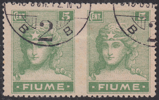 V18 - 1919 - Allegorie, carta tipo "C" c. 5 verde giallo coppia orizzontale non dentellata al centro, usata (C34c)
