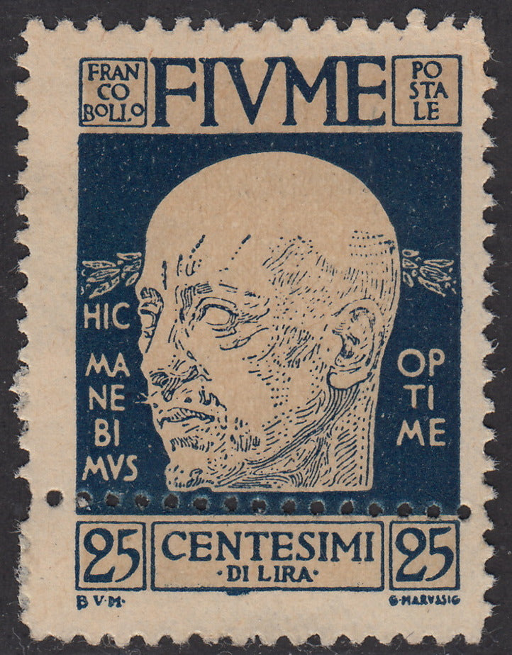 V301 - 1920 - Effigie di Gabriele d'Annunzio c. 25 azzurro con doppia dentellatura orizzontale nuovo senza gomma (117t)