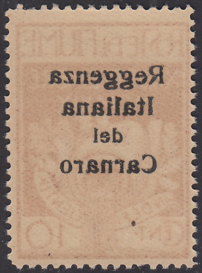 V339 - 1920 - Legionari di Fiume, c. 10 carminio soprastampato Reggenza Italiana del Carnaro, esemplare con decalco della soprsatampa nuovo con gomma (134zt)