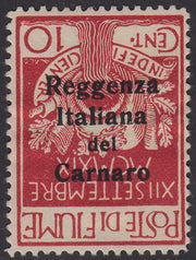 V340 - 1920 - Legionari di Fiume, c. 10 carminio soprastampato Reggenza Italiana del Carnaro, esemplare con soprastampa capovolta nuovo con gomma (134b)