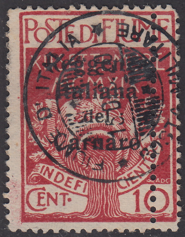 V343 - 1920 - Legionari di Fiume, c. 10 carminio soprastampato Reggenza Italiana del Carnaro, esemplare con doppia dentellatura verticale usato (134zp)