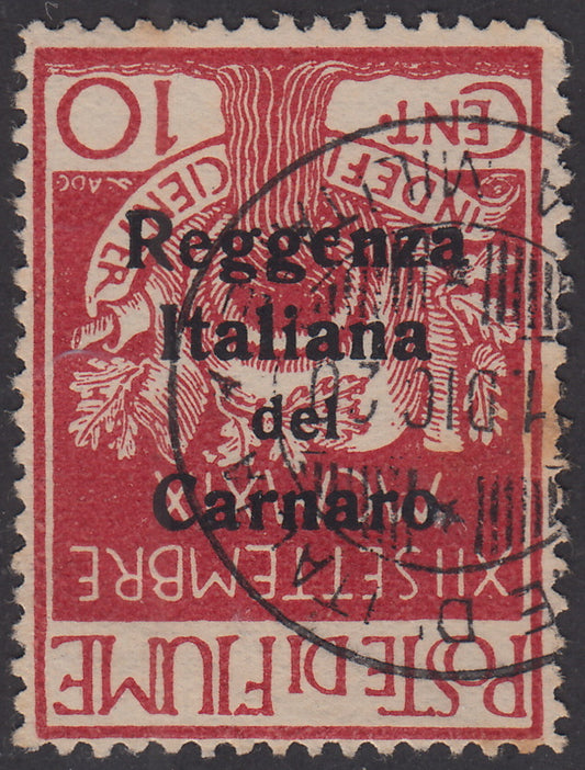 V344 - 1920 - Legionaries of Fiume, c. 10 carmine overprinted Italian Regency of Carnaro, used example with reversed overprint (134b)