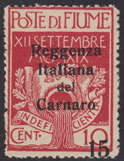 V347 - 1920 - Legionaries of Fiume, c. 15 on c. 10 carmine overprinted Italian Regency of Carnaro, example with overprint strongly shifted towards the bottom, new with rubber (135zcc)