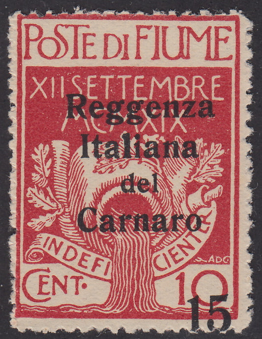 V347 - 1920 - Legionaries of Fiume, c. 15 on c. 10 carmine overprinted Italian Regency of Carnaro, example with overprint strongly shifted towards the bottom, new with rubber (135zcc)