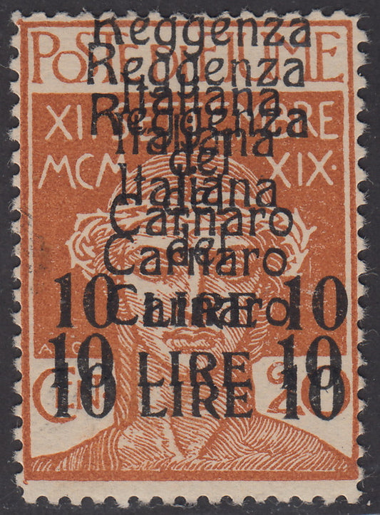 V387 - 1920 - Legionarios de Fiume, L. 10 en c. 20 ocres sobreimpresos Regencia italiana de Carnaro, copia con triple sobreimpresión, nuevo con goma original (146g)